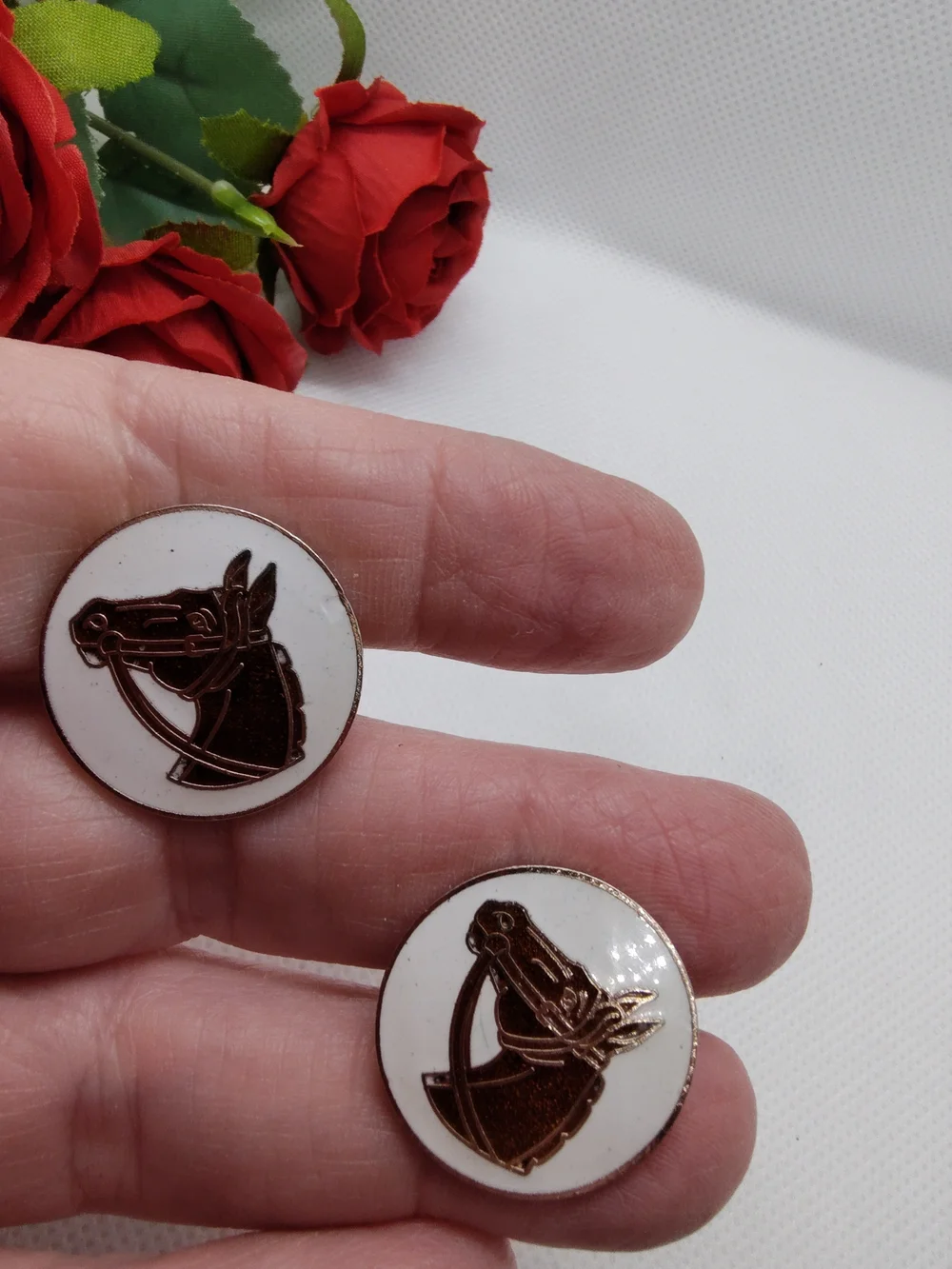 Vintage Equestrian Horse Head Enamel Cufflinks in Brown and White